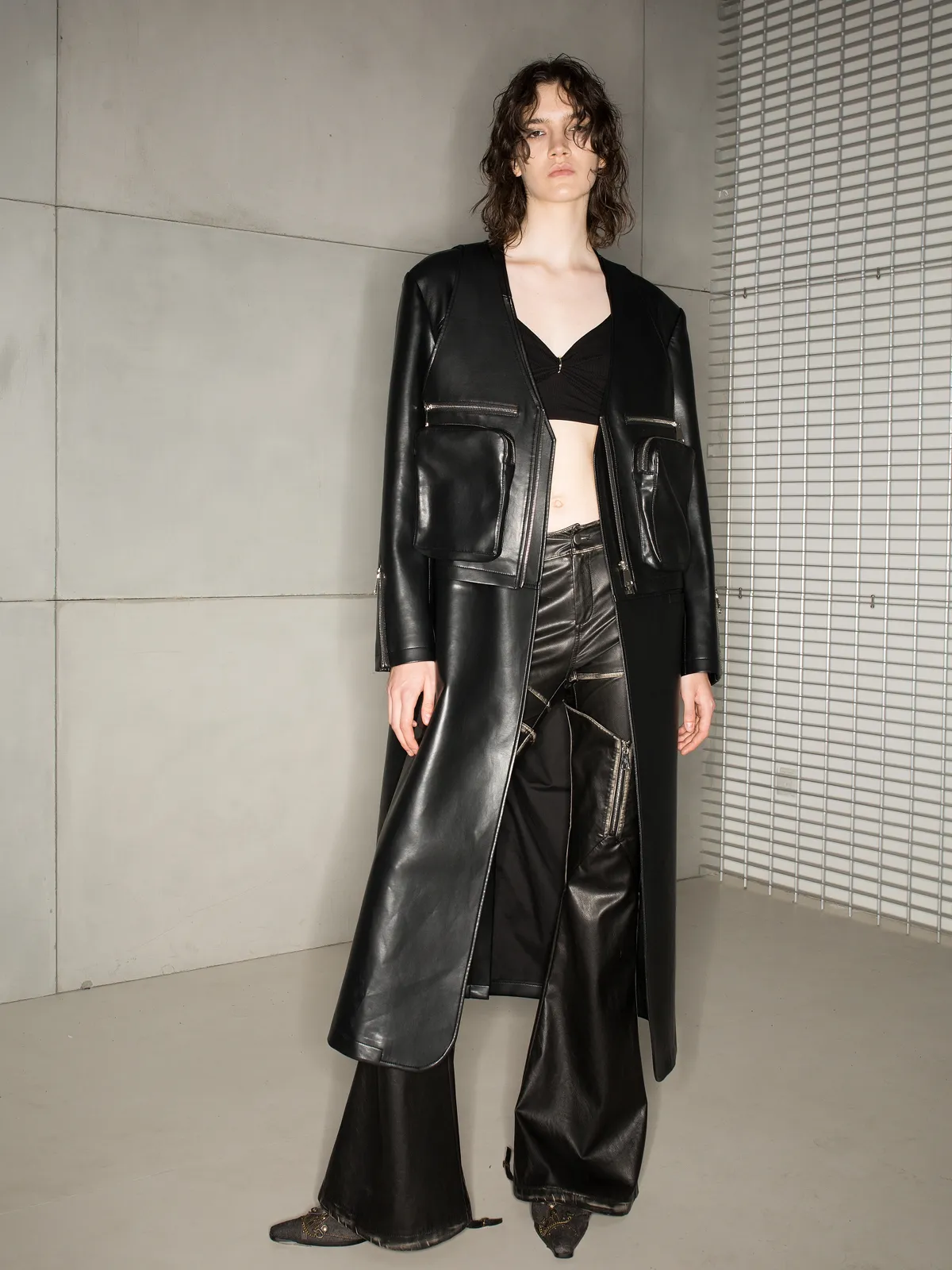 NORTH NODE Avant-Garde Leather Matrix Coat - Jet Black