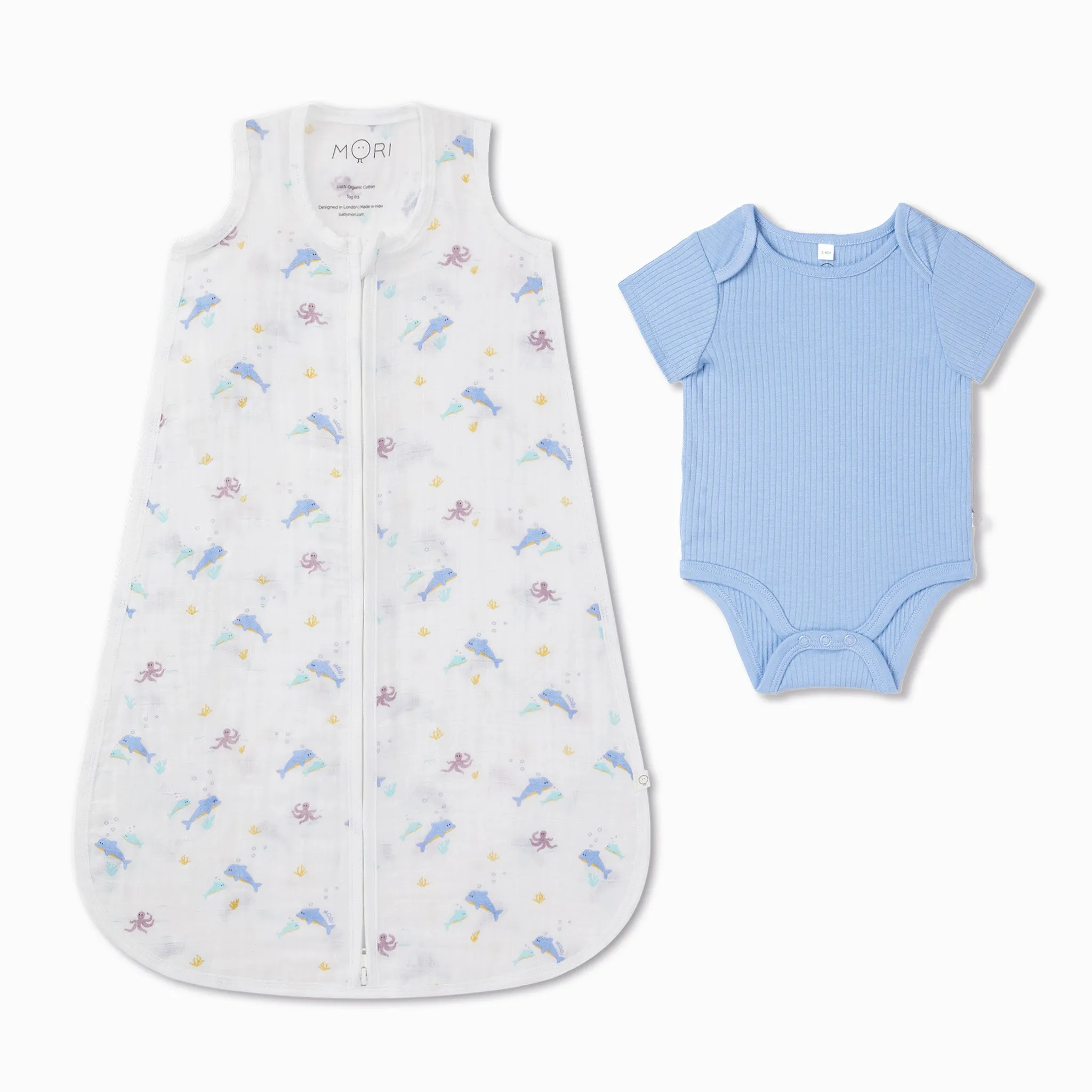 Ocean Muslin Sleep Sack 0.5 TOG & Ribbed Bodysuit Set