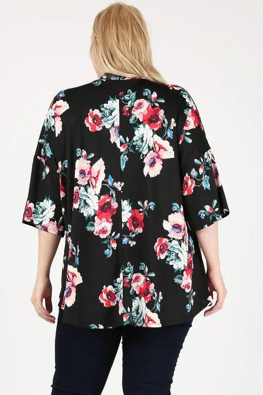 Plus Size Floral Short Sleeve Cardigan