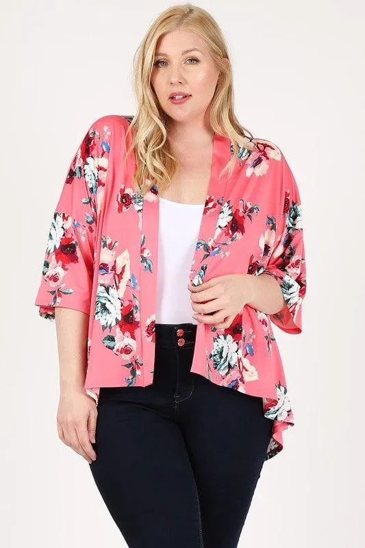 Plus Size Floral Short Sleeve Cardigan