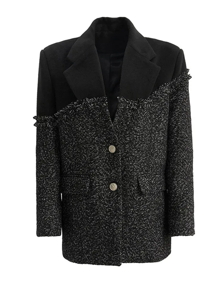 Pre Order:  Double  Button Tweed Spliced Woolen Coat