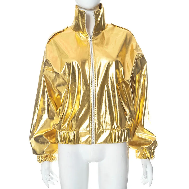 PU Metallic Zipper Fashion New Polo Collar Coat