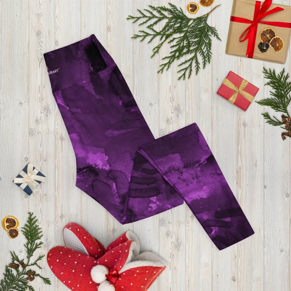 Purple Abstract Floral Yoga Leggings, Flower Rose Printed Women's Long Gym Tights-Made in USA/EU/MX