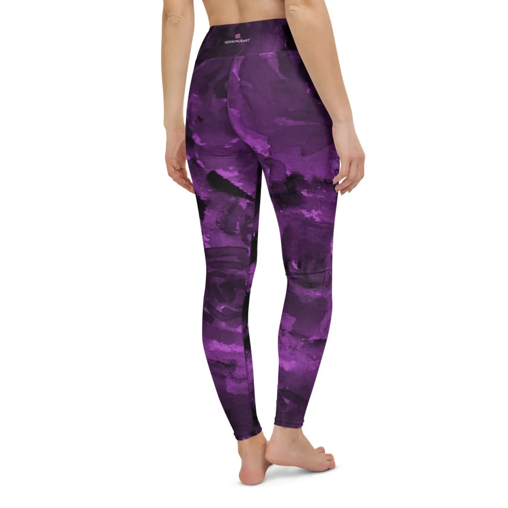 Purple Abstract Floral Yoga Leggings, Flower Rose Printed Women's Long Gym Tights-Made in USA/EU/MX