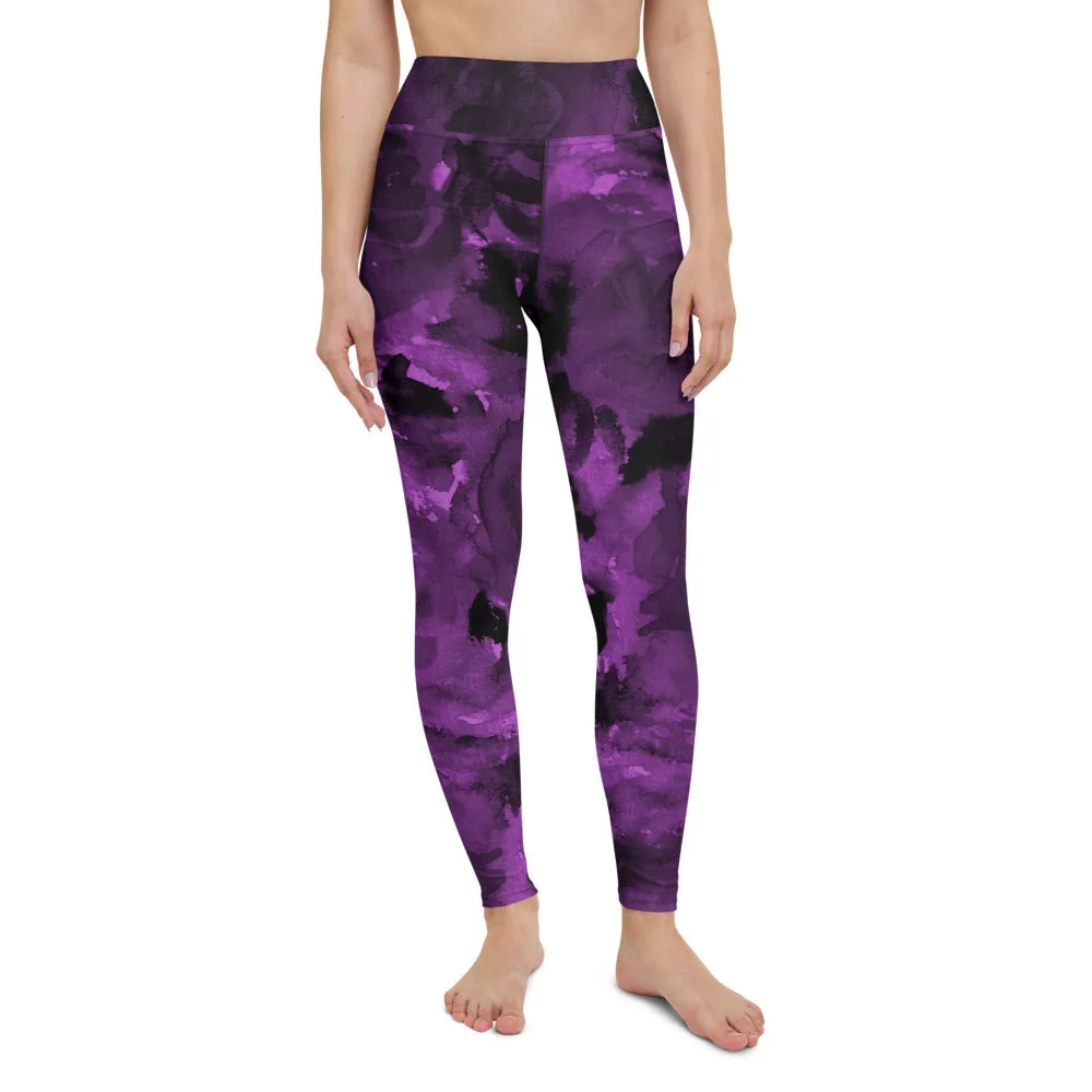 Purple Abstract Floral Yoga Leggings, Flower Rose Printed Women's Long Gym Tights-Made in USA/EU/MX