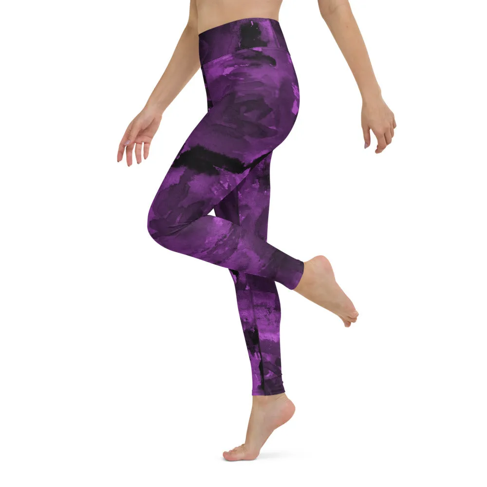 Purple Abstract Floral Yoga Leggings, Flower Rose Printed Women's Long Gym Tights-Made in USA/EU/MX