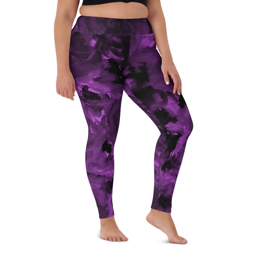 Purple Abstract Floral Yoga Leggings, Flower Rose Printed Women's Long Gym Tights-Made in USA/EU/MX