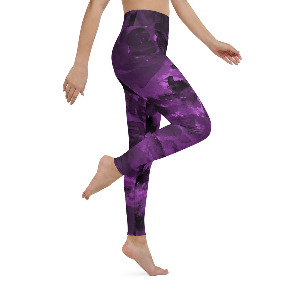 Purple Abstract Floral Yoga Leggings, Flower Rose Printed Women's Long Gym Tights-Made in USA/EU/MX