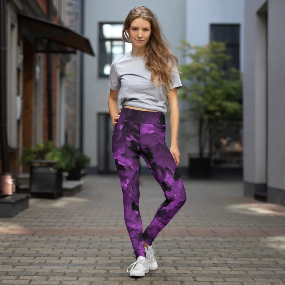 Purple Abstract Floral Yoga Leggings, Flower Rose Printed Women's Long Gym Tights-Made in USA/EU/MX