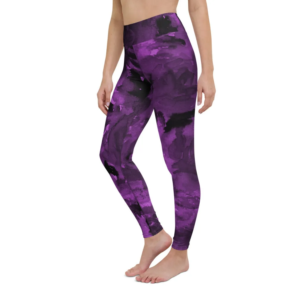 Purple Abstract Floral Yoga Leggings, Flower Rose Printed Women's Long Gym Tights-Made in USA/EU/MX