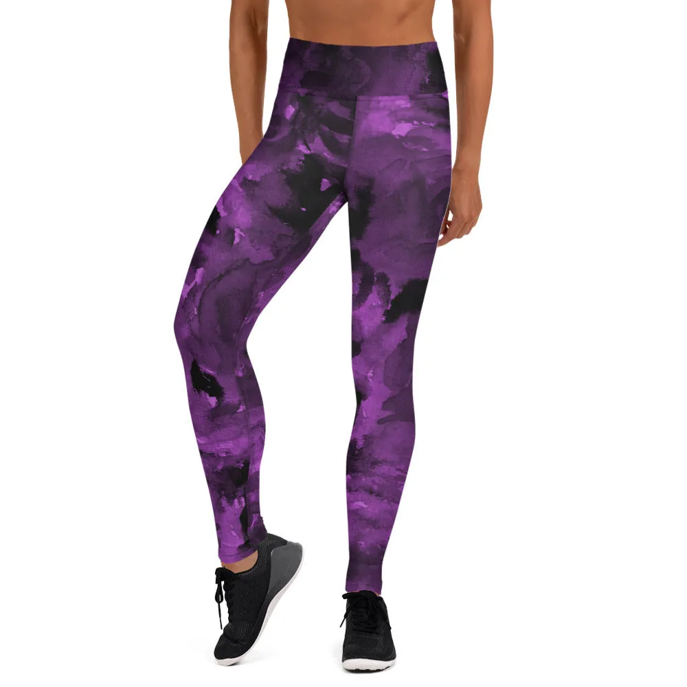 Purple Abstract Floral Yoga Leggings, Flower Rose Printed Women's Long Gym Tights-Made in USA/EU/MX