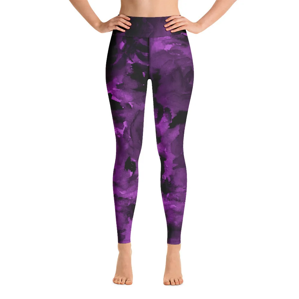 Purple Abstract Floral Yoga Leggings, Flower Rose Printed Women's Long Gym Tights-Made in USA/EU/MX