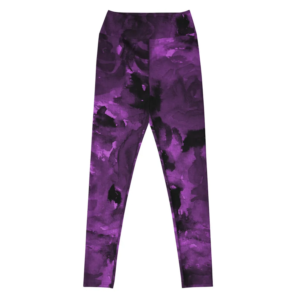 Purple Abstract Floral Yoga Leggings, Flower Rose Printed Women's Long Gym Tights-Made in USA/EU/MX