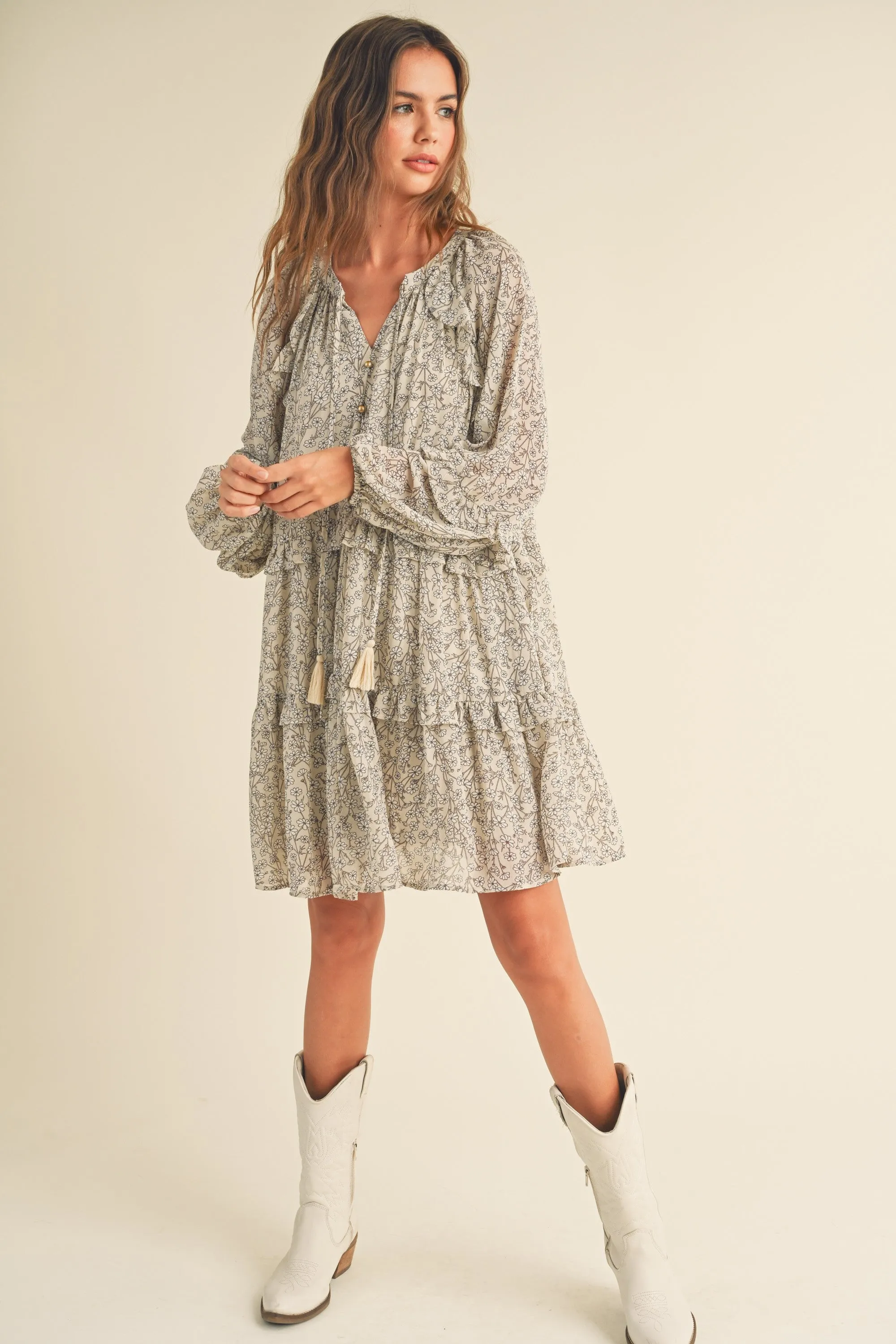 Raelynn Daisy Long Sleeve Flutter Dress