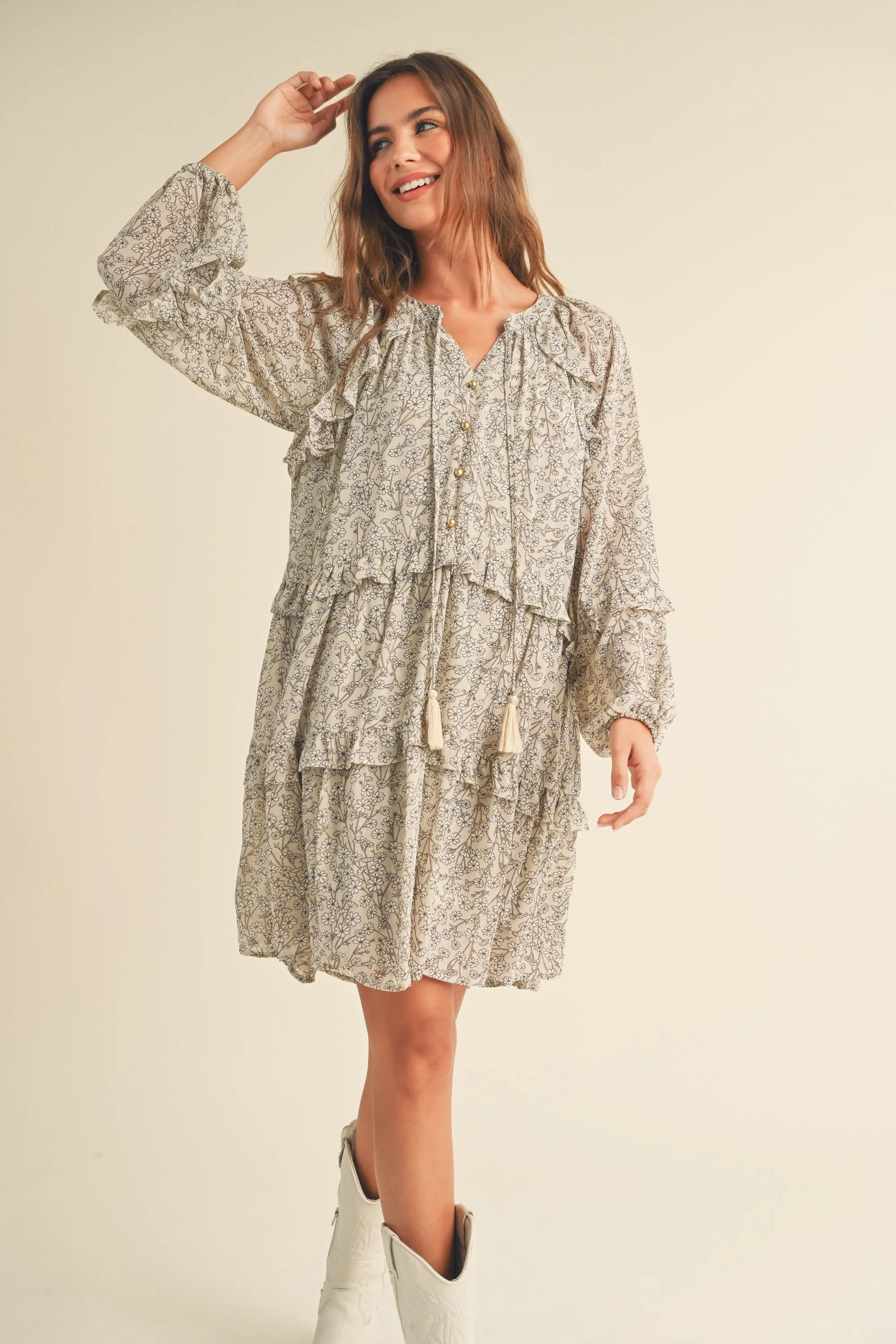 Raelynn Daisy Long Sleeve Flutter Dress