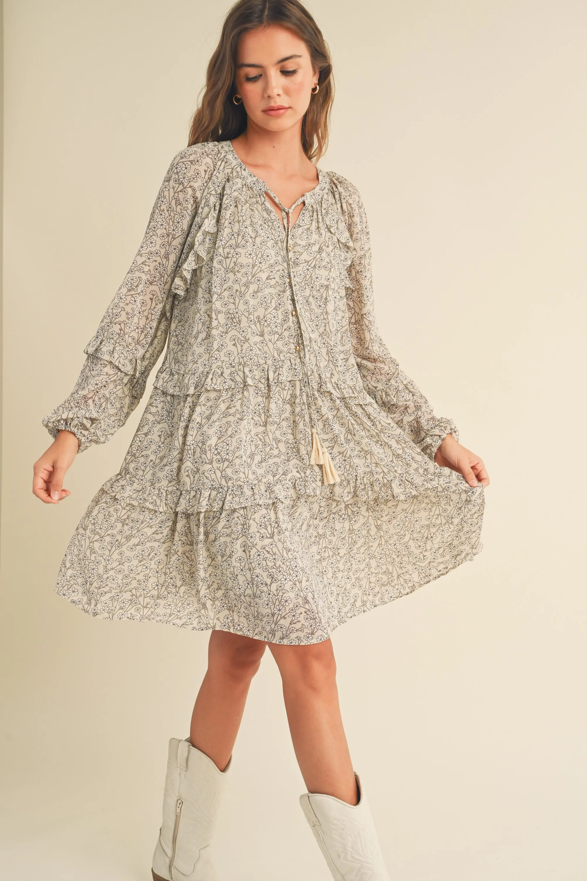 Raelynn Daisy Long Sleeve Flutter Dress