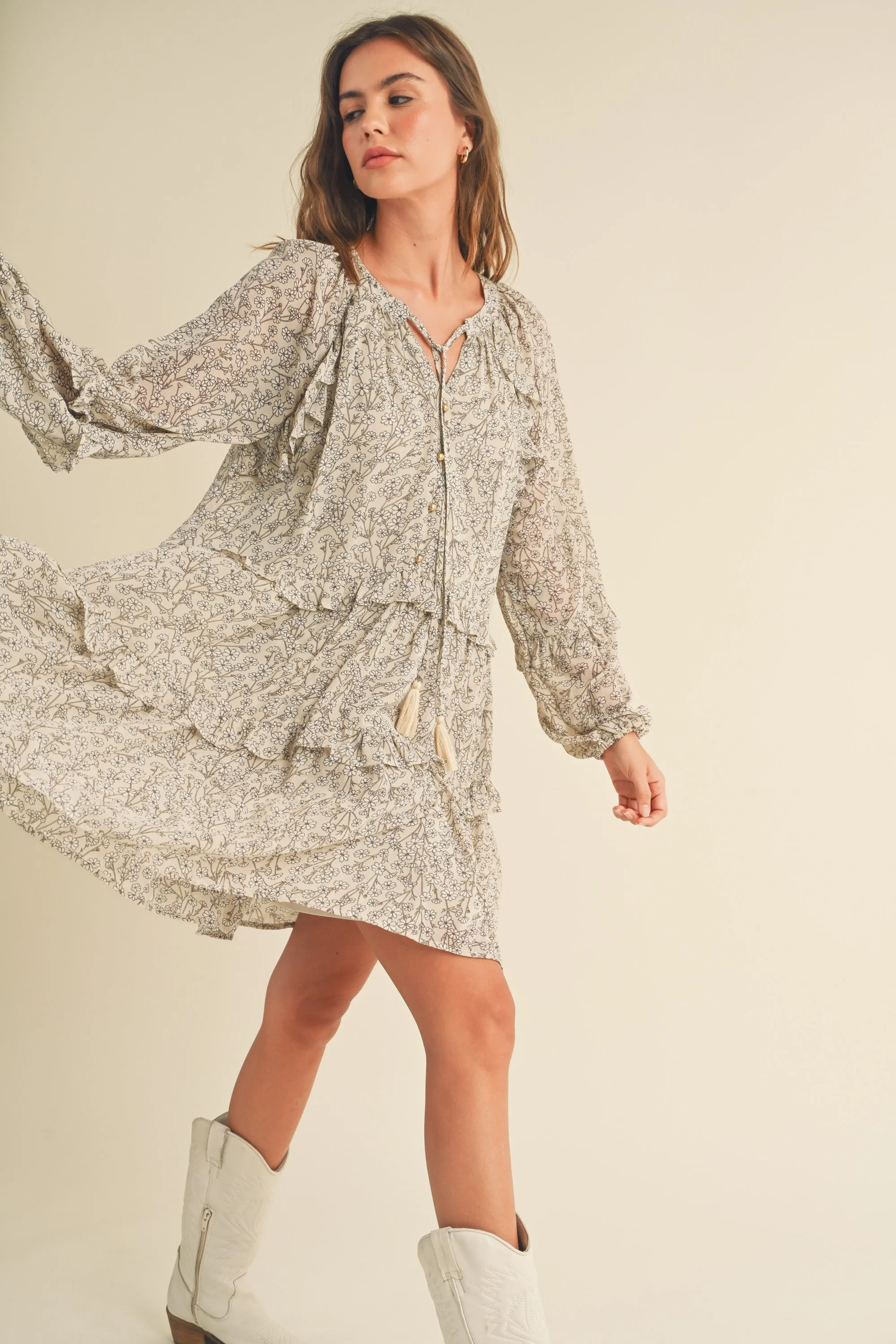 Raelynn Daisy Long Sleeve Flutter Dress