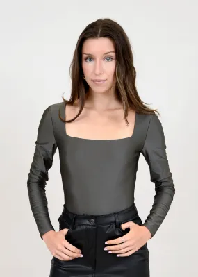 RD Style Stacy Square Neck Long Sleeve Bodysuit - Gunmetal