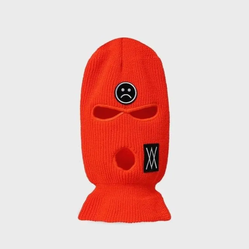 Red 3 Holes Balaclava With Sad Face Embroidery