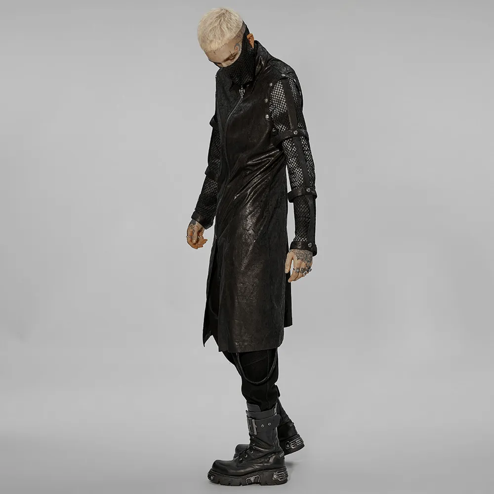 Rubberized Punk Longline Hollow-Out Armored Coat