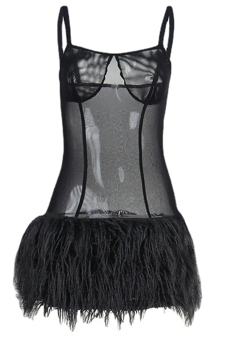 See Through Mesh Spaghetti Strap Fur Hem Mini Dress