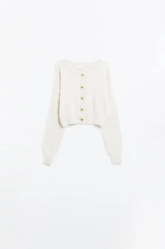 Short and Fluffy Cream Cardigan with Flower Buttons