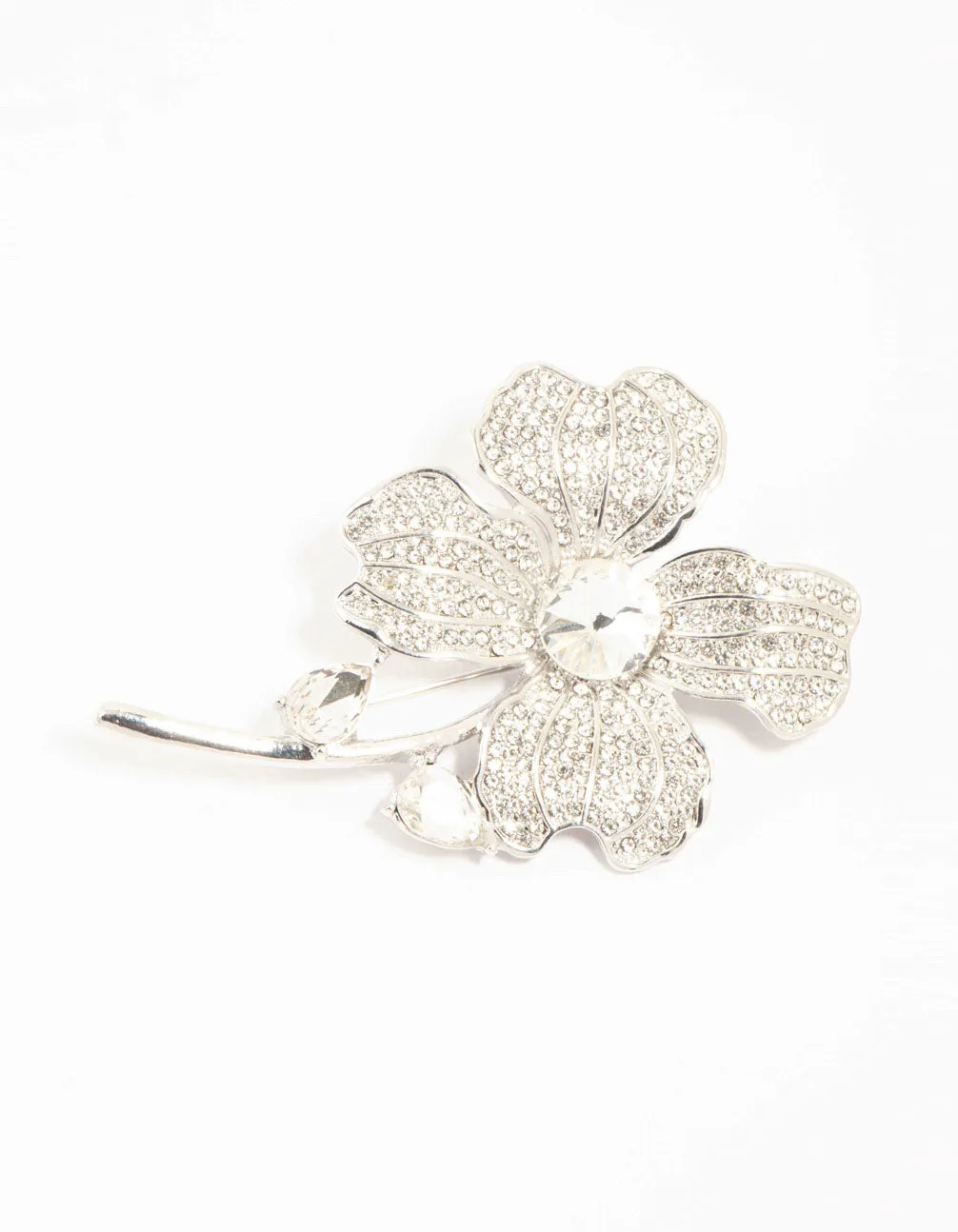 Silver Diamante Flower Brooch