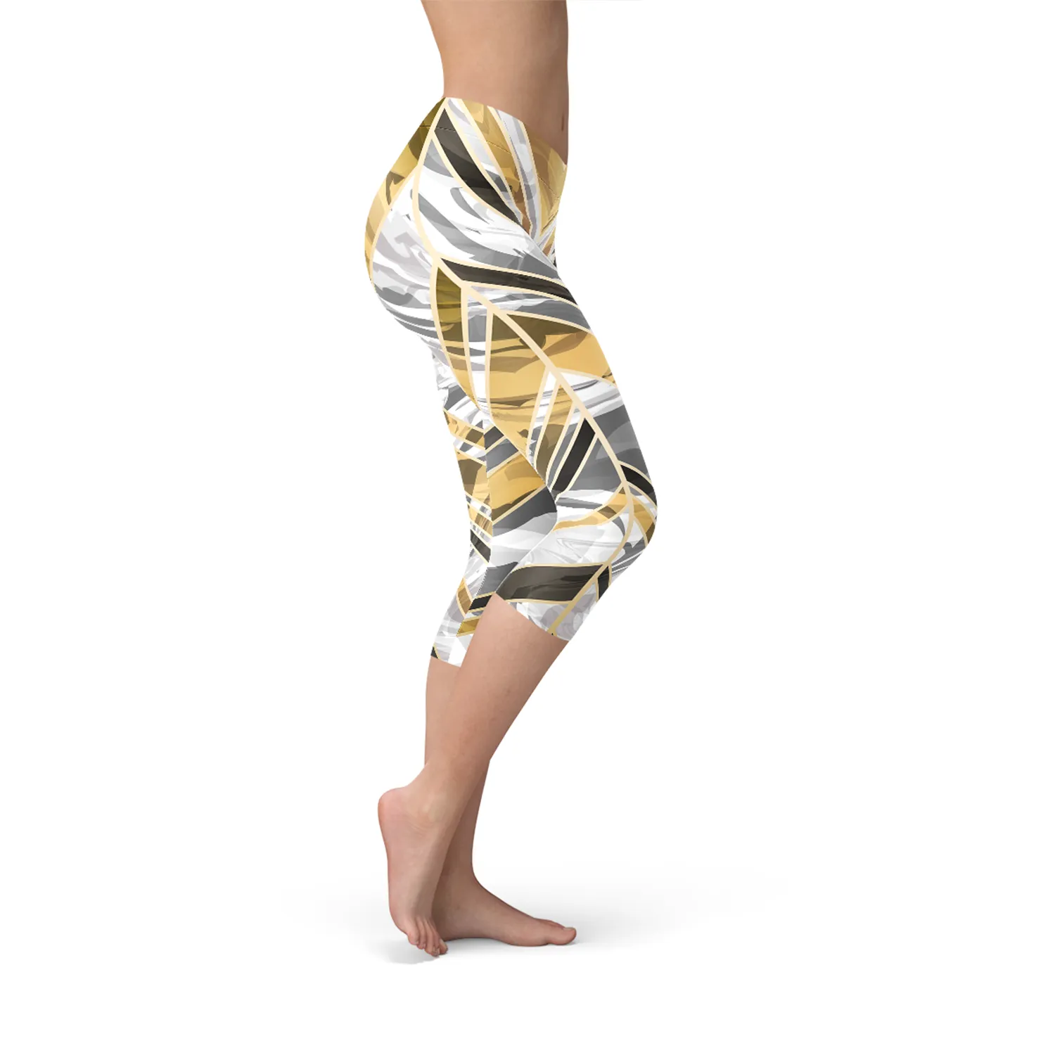 Sophisticated White Marble Capri Leggings with Stylish Black and Gold Accents