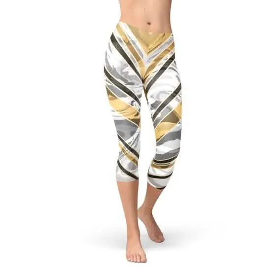 Sophisticated White Marble Capri Leggings with Stylish Black and Gold Accents