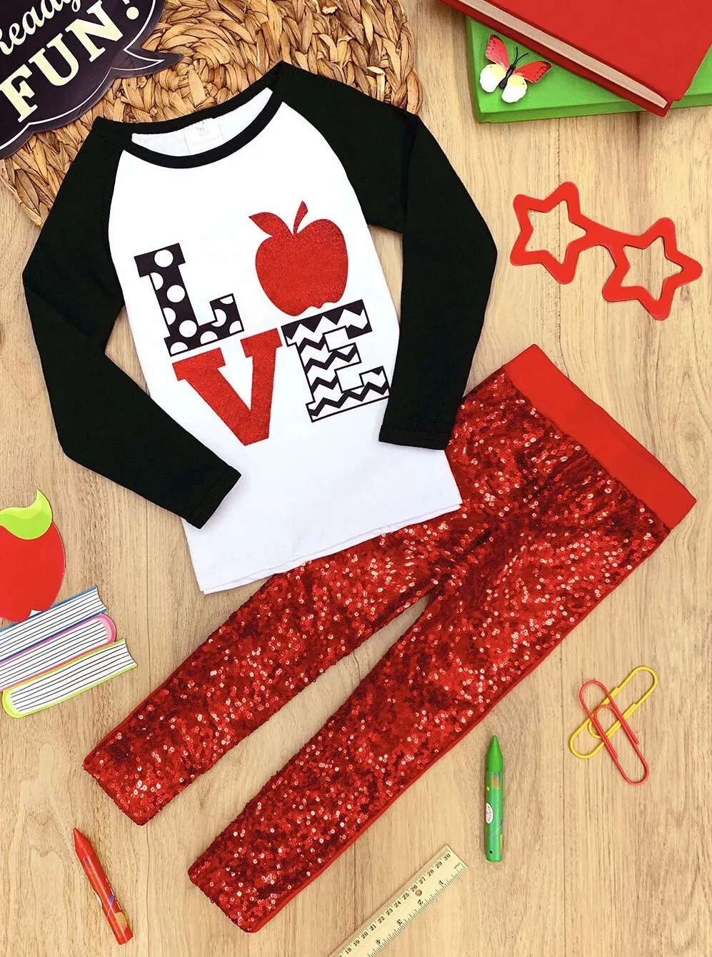 Sparkle Love Apple Top And Sequin Legging Set