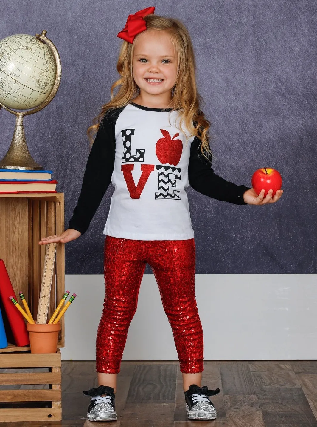 Sparkle Love Apple Top And Sequin Legging Set