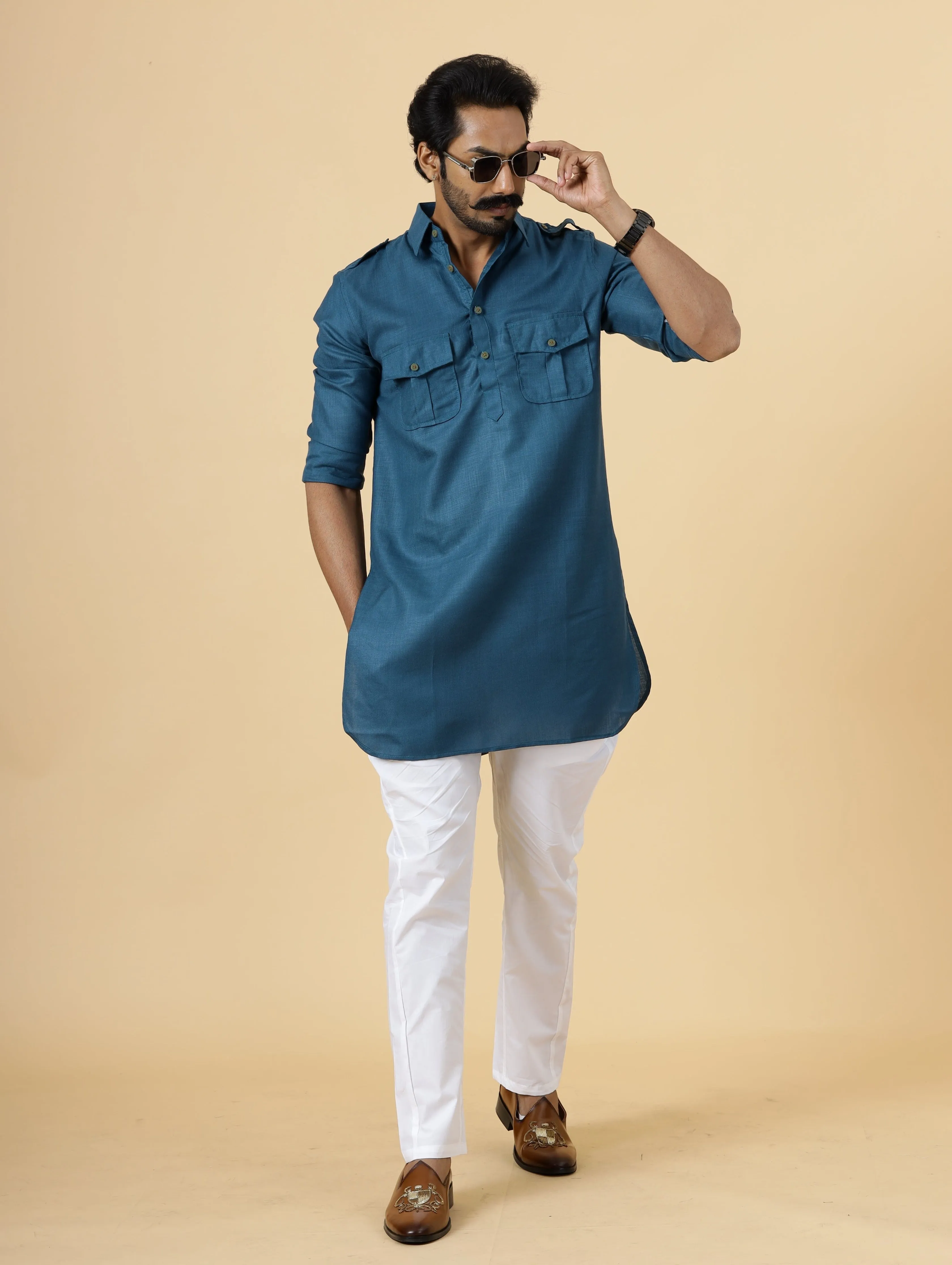 Teal Hunting Style Kurta-Pajama Set