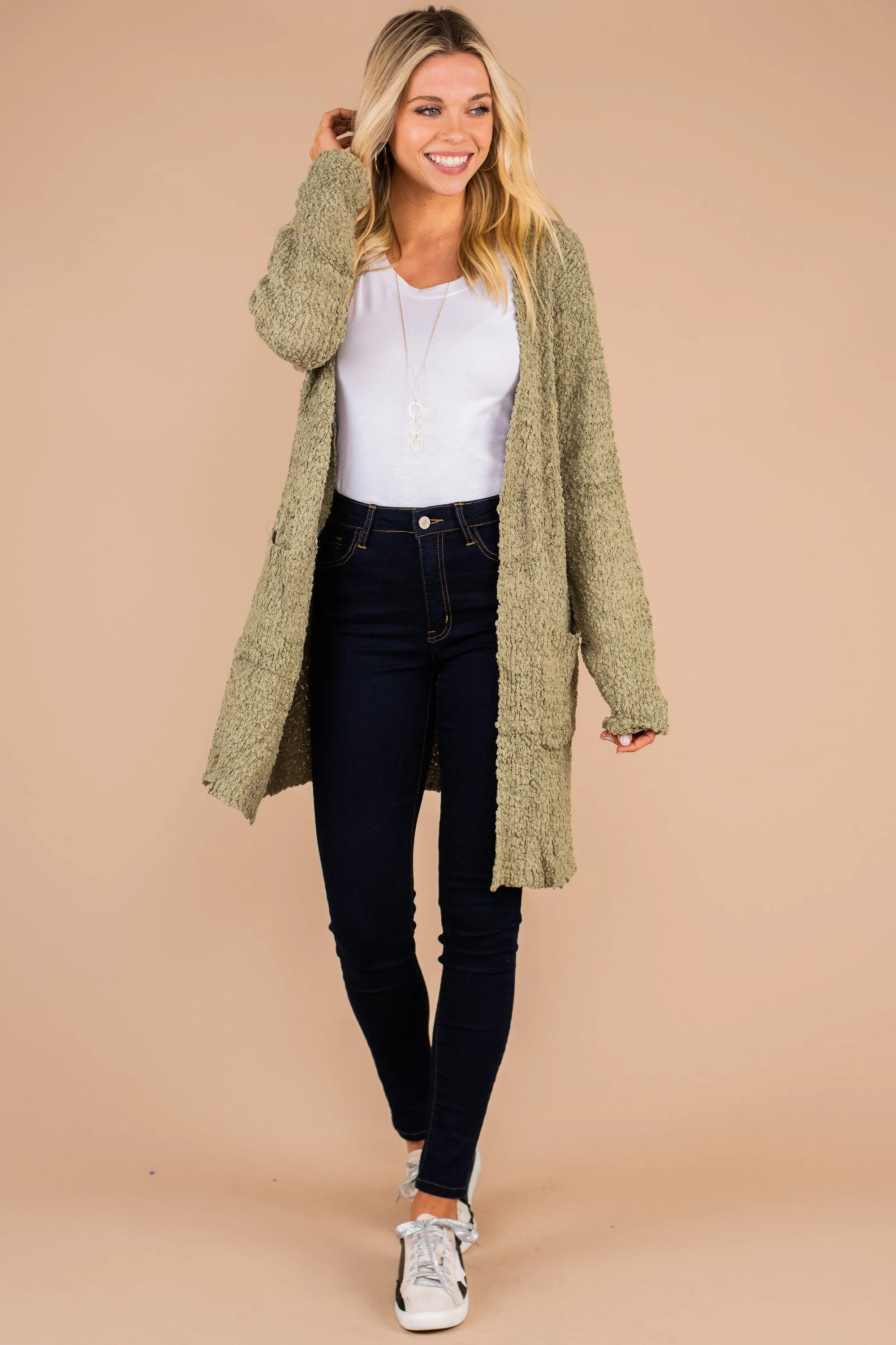 Tell Somebody Olive Green Popcorn Cardigan