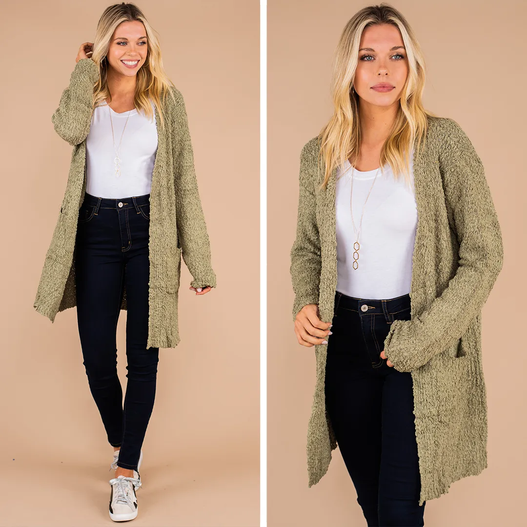 Tell Somebody Olive Green Popcorn Cardigan