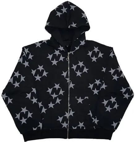 Toleet y2k Star Print Hooded Cardigan Zipper Loose Men's and Women's Fashion Brand Sweater Coat