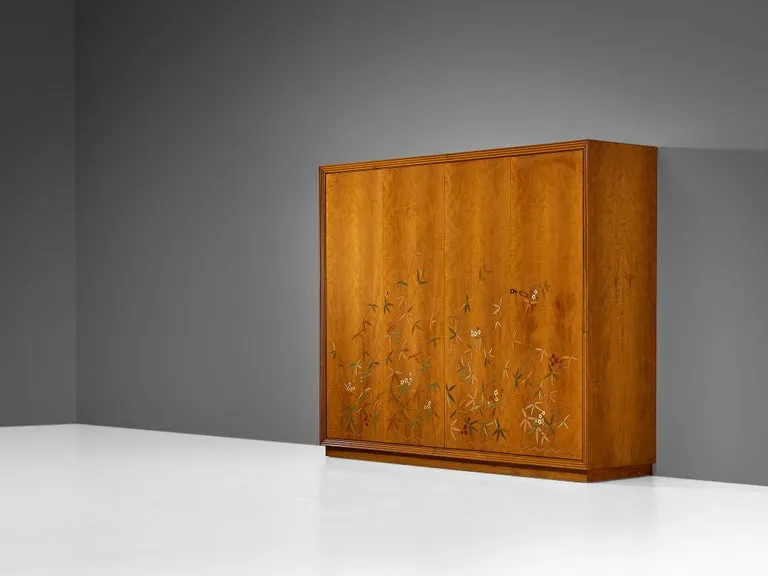 Unique Osvaldo Borsani Highboard in Cherry with Flora and Fauna Motifs