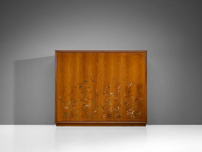 Unique Osvaldo Borsani Highboard in Cherry with Flora and Fauna Motifs