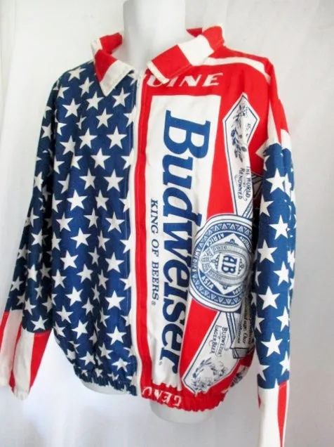 Vintage BUDWEISER American Flag Jacket All Over Print XL RED WHITE BLUE