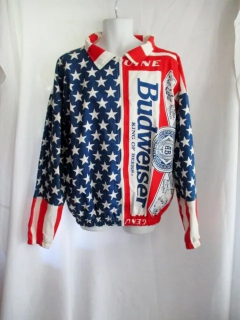 Vintage BUDWEISER American Flag Jacket All Over Print XL RED WHITE BLUE