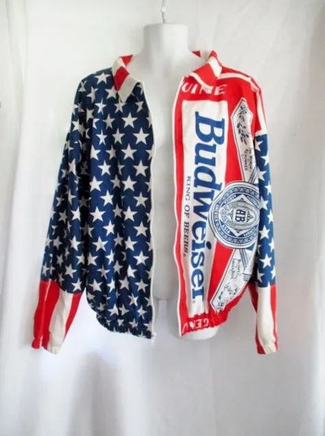 Vintage BUDWEISER American Flag Jacket All Over Print XL RED WHITE BLUE