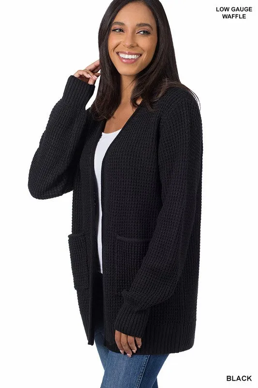 Waffle Open Cardigan Sweater with Pockets