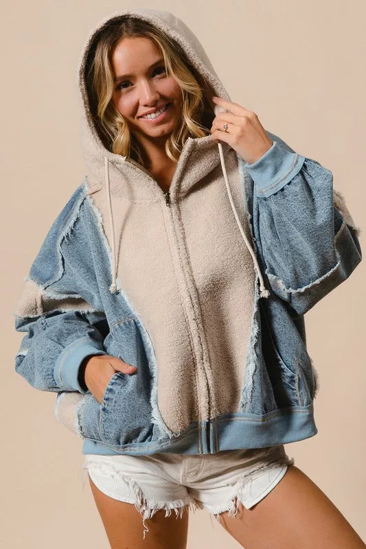 WASHED AND FLEECE MIX AND MATCH ZIP UP HOODIE - DENIM/OATMEAL