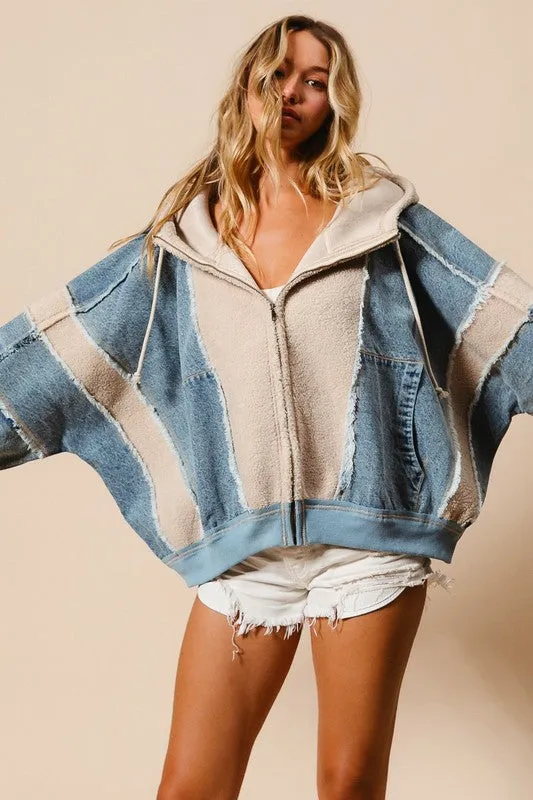 WASHED AND FLEECE MIX AND MATCH ZIP UP HOODIE - DENIM/OATMEAL