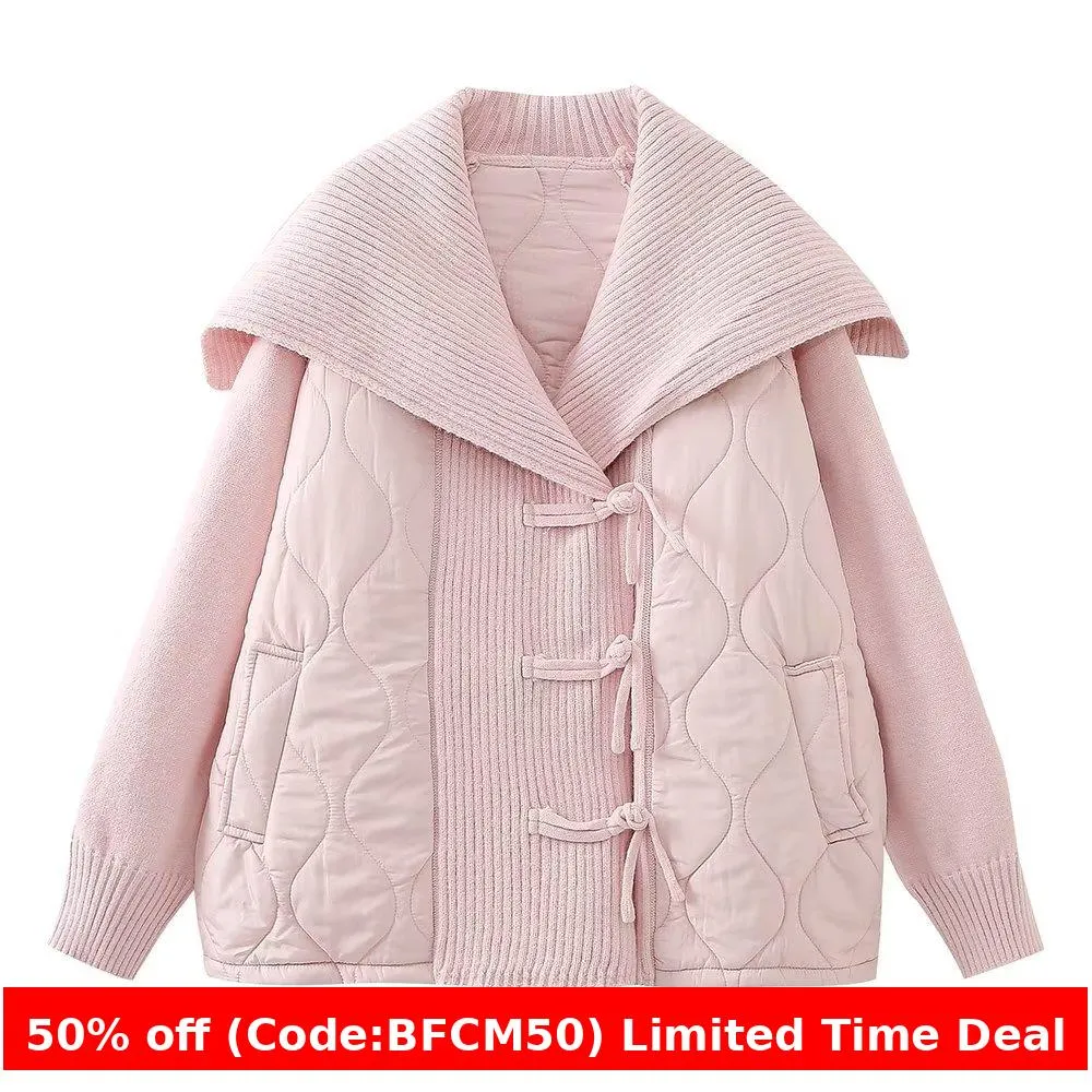 Wenkouban Christmas Winter outfits  Cyber Monday 2024 Autumn Fashion Casual Loose Navy Collar Stitching Knitted Coat