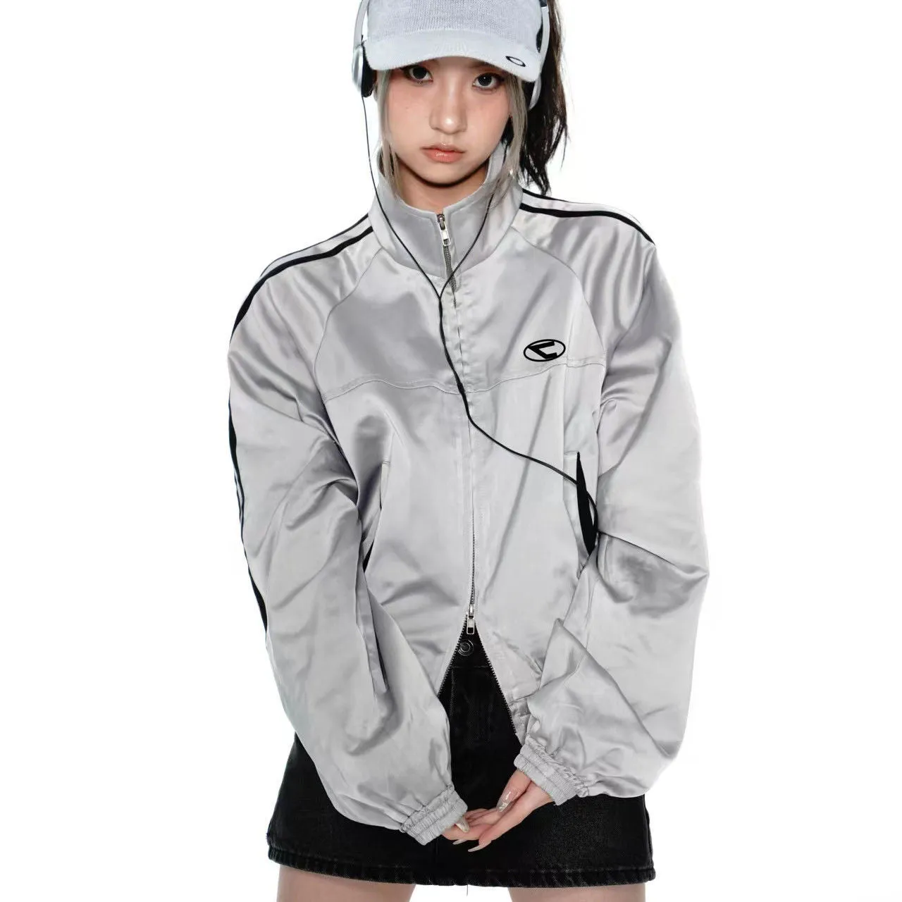 Wenkouban korean fashion American Retro Hot Girl Top Niche Design Double Zipper Casual Sports Jacket Silver Gray Short Coat for Women