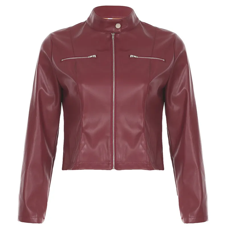 Wjczt 2000s fashion Punk Motorcycle Style Retro Red Leather Jacket New Casual Stand Collar Zipper Leather Coat for Women Autumn