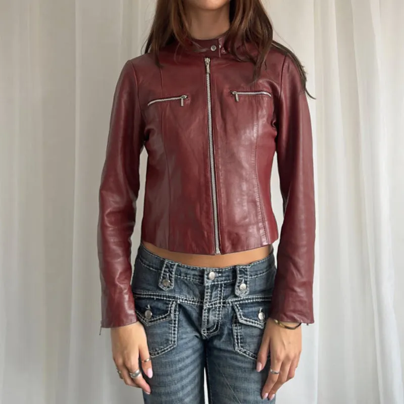 Wjczt 2000s fashion Punk Motorcycle Style Retro Red Leather Jacket New Casual Stand Collar Zipper Leather Coat for Women Autumn