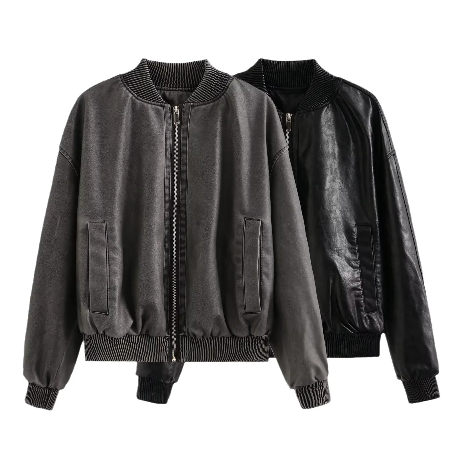 Wjczt barn jacket outfits Autumn New Y2k Women's Washed Distressed Effect Pilot Jacket Coat PU Leather Coat