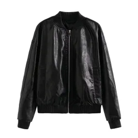 Wjczt barn jacket outfits Autumn New Y2k Women's Washed Distressed Effect Pilot Jacket Coat PU Leather Coat