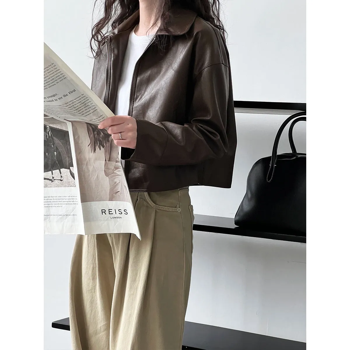 Wjczt barn jacket outfits Luxi Cool Handsome High Sense ~ Lapel Leather Coat Women's Spring and Autumn Hong Kong Style PU Leather Jacket Motorcycle Top Trendy 9595